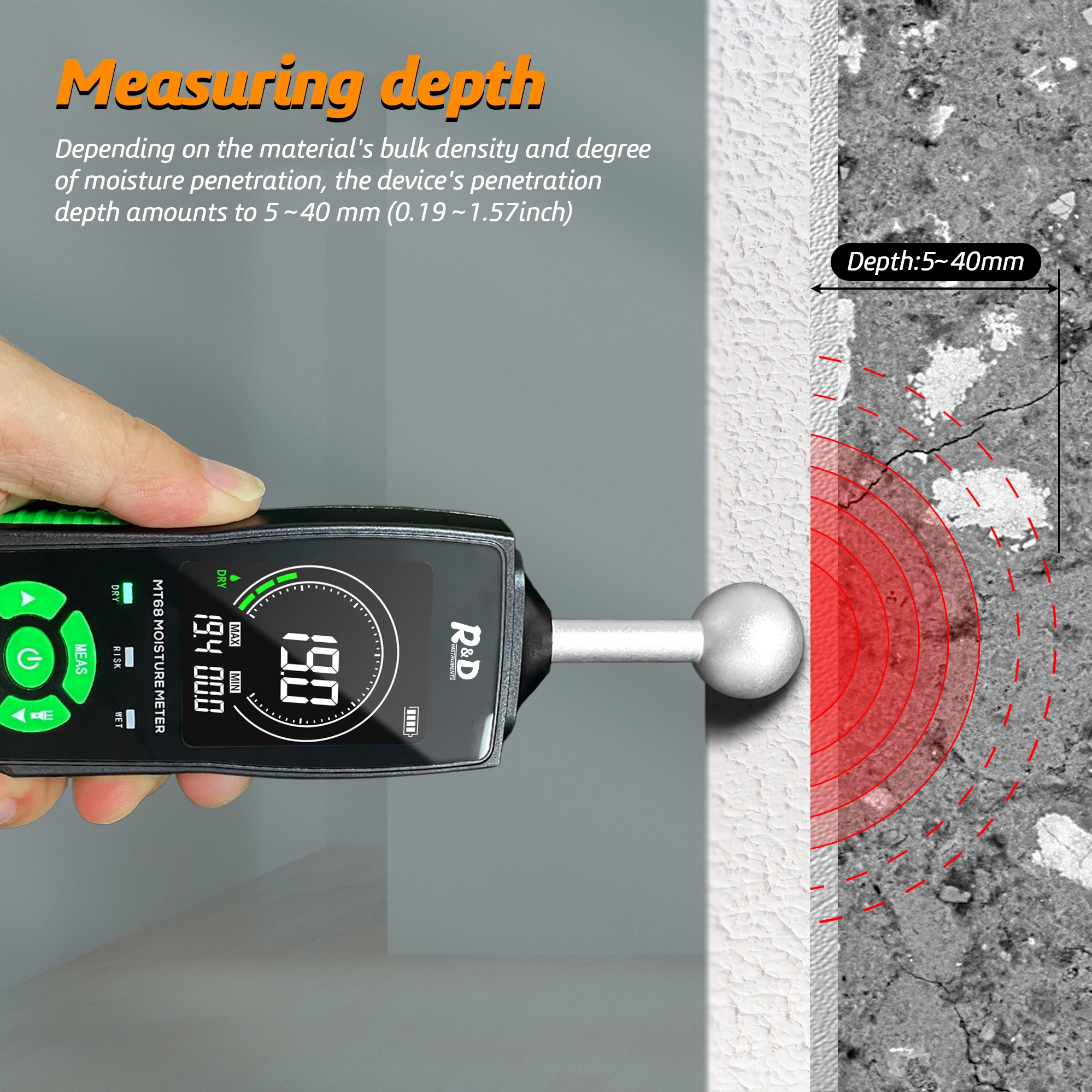 Wood Moisture Meter R&D MT68 Digital Wood Moisture Meter Non-contact Timber Damp Detector LCD Screen Hygrometer Alarm Humidity Tester Ball Detector