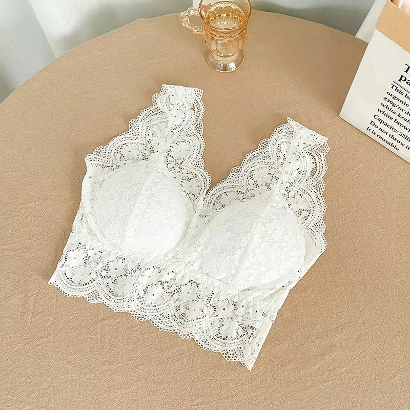 Lace Bras Top Women Deep V Neck Sexy Lingerie Wire Free Bra Tank Tops Female Underwear V Back Bralette Padded Camisole