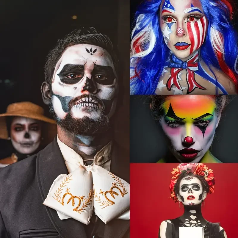 Face  Body Paint Set - Black White Red FX Makeup for Halloween Role Play with 6 Brushes