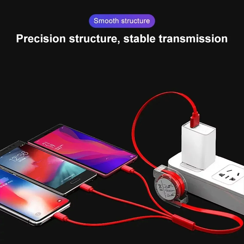 Retractable Data USB Cable 3 in 1 for iPhone 13 Charger Fast Wire Charging Cable For Android Phone Type C Xiaomi Huawei Samsung