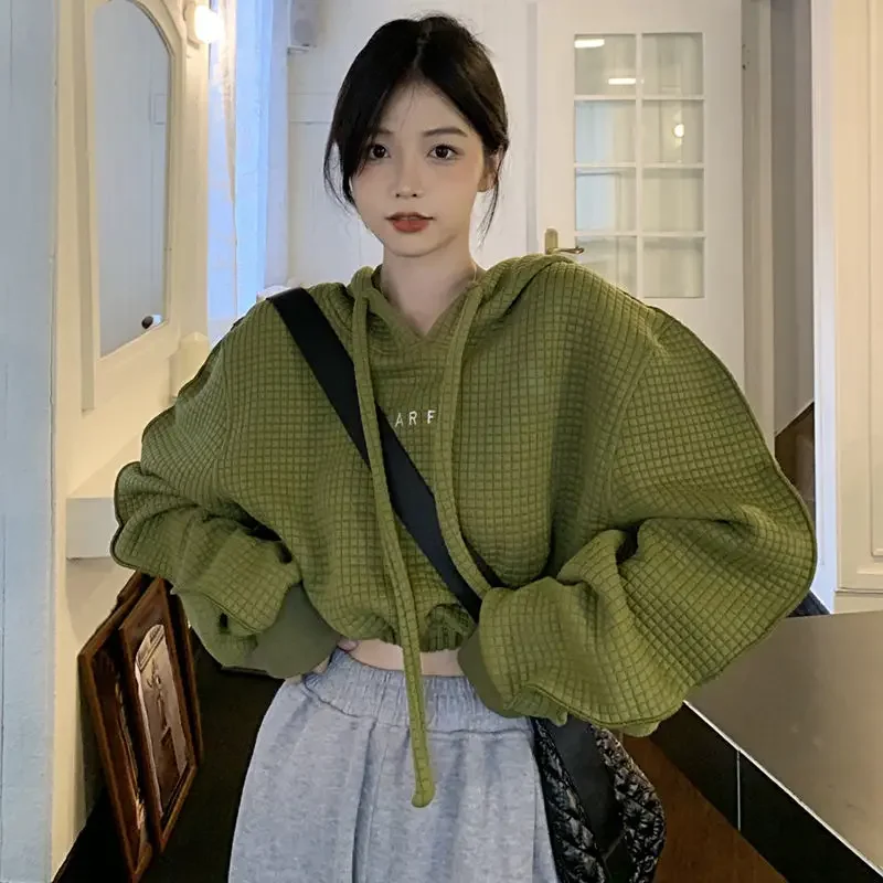 

Вафельная винтажная одежда Y2k, толстовка, корейские модные толстовки с капюшоном, укороченные топы с длинным рукавом, Свитшот оверсайз, новинка 2023