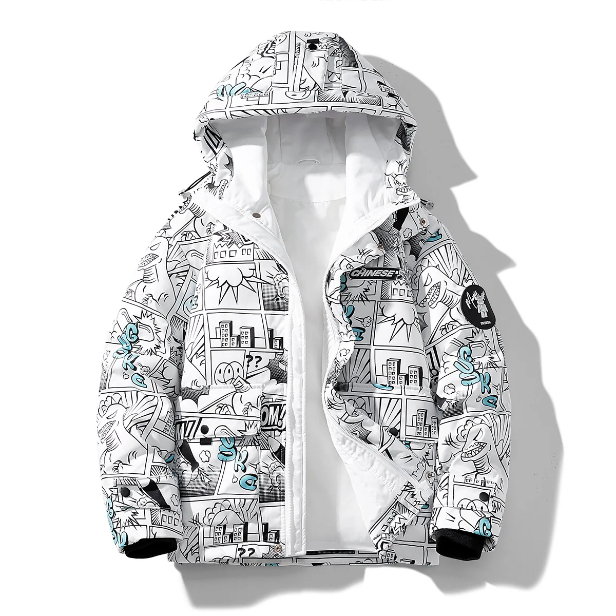 

Winter White Duck Down Jacket Thickened Warm Couple Cartoon Graffiti Pattern Jacket Down Jacket For Men