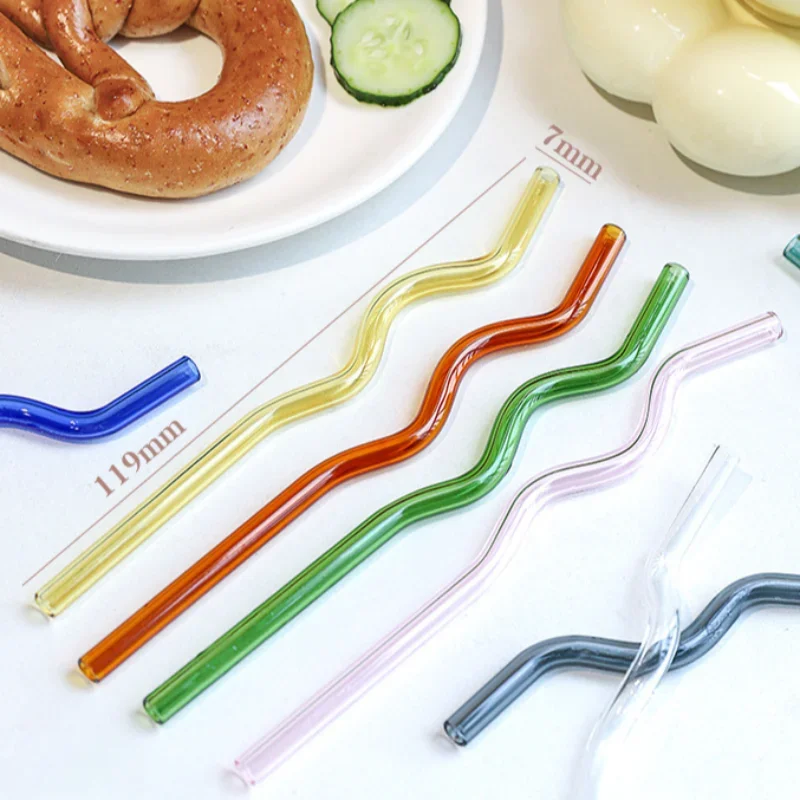 Wavy Colorful Clear Drinking Straw High Borosilicate Glass Straw Glass Tube Party Bar Drinkware Reusable Glass Straws