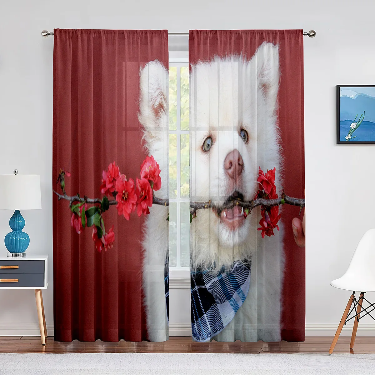 

Cute Samoyed Dog Holding A Flower Branch Tulle Curtains for Living Room Window Bedroom Kitchen Decor Luxury Sheer Voile Curtains