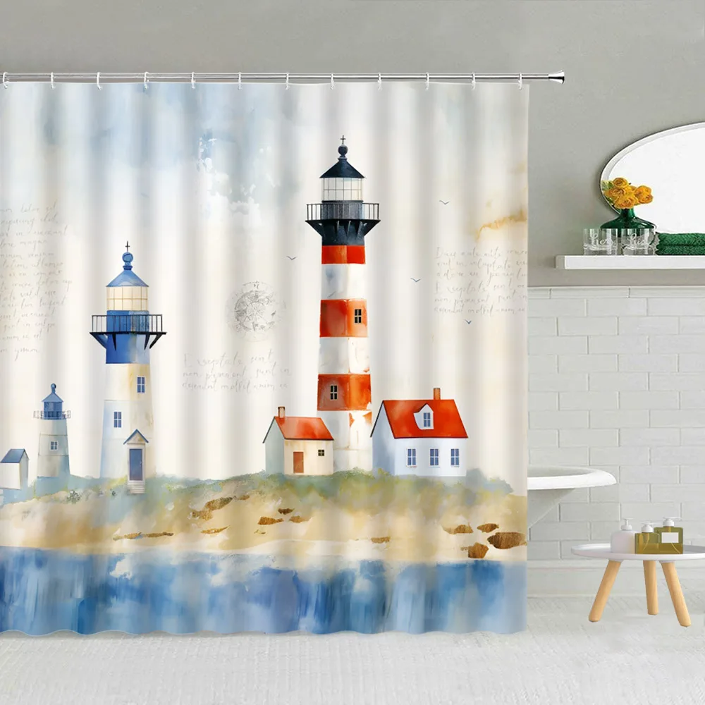 

Coastal Lighthouse Shower Curtain, Seaside Sailboat Beach Waves Village Starry Night Oil Painting Watercolour Bathroom Decor