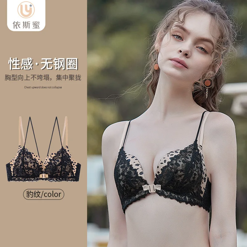 

Leopard front Closure bra Set cross back bras Push Up sexy Wireless lace Women Lingerie Suit Bralette Top