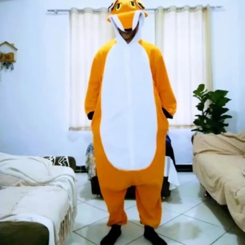 Animal Fox Kigurumis Flannel Adult Women Men Warm Cute Funny Fox Onesie Pajamas Winter Party Jumpsuit Cartoon Sleepwear