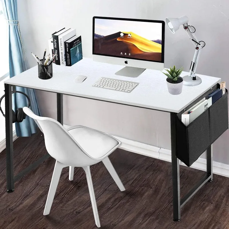 Computer Desk White Writing Table for Small Spaces Home Office 39 Inch Modern Study PC Desk with Storage Bag H 2