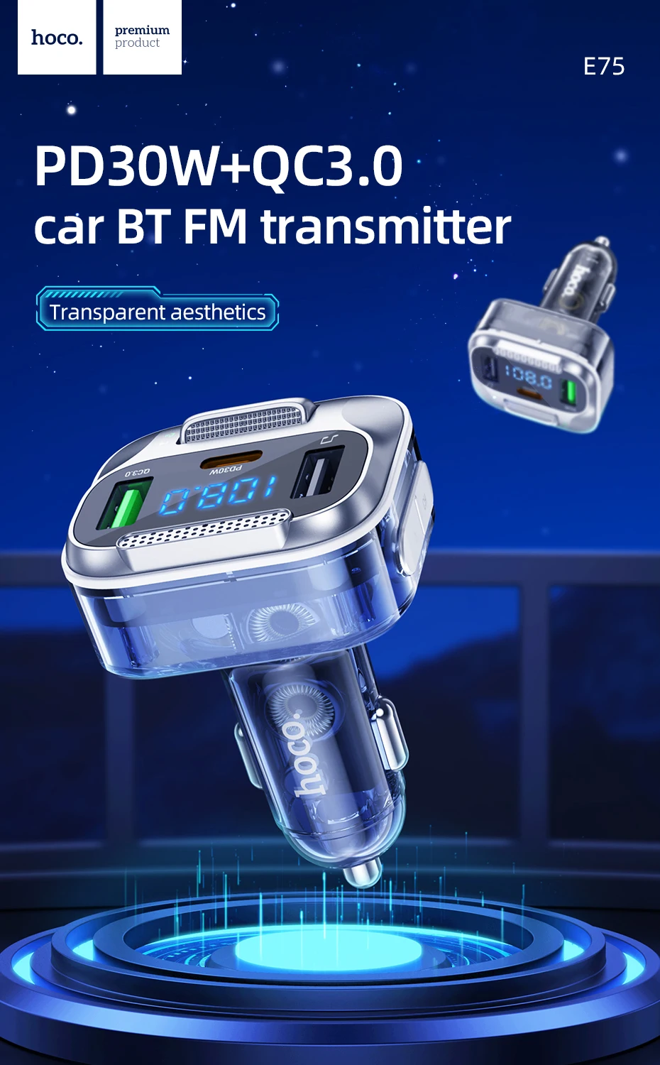 Hoco E75 30W PD USB QC3.0 Car Bluetooth MP3 FM Transmitter Charger description image