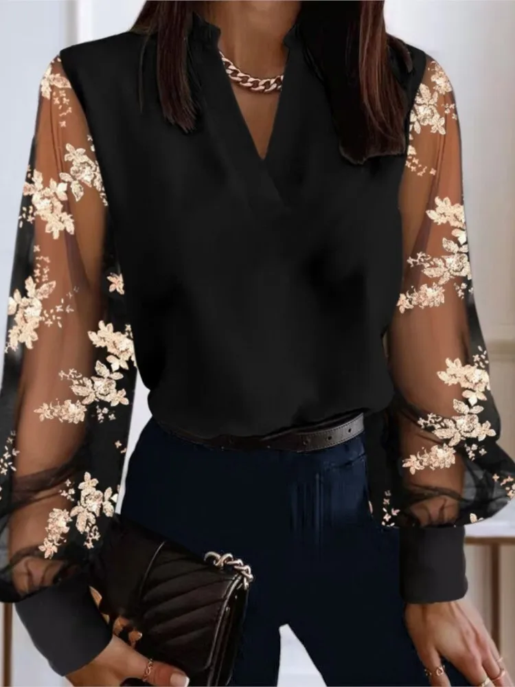 Blusa informal de manga larga para mujer, camisa con cuello en V, malla de encaje, color negro, elegante, para oficina, Primavera, 2024