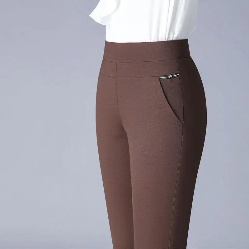 Casual Simple Temperament Middle Age Women's Elastic Waist Pants Summer Solid Pockets Elastic Loose Straight Small Feet Trousers