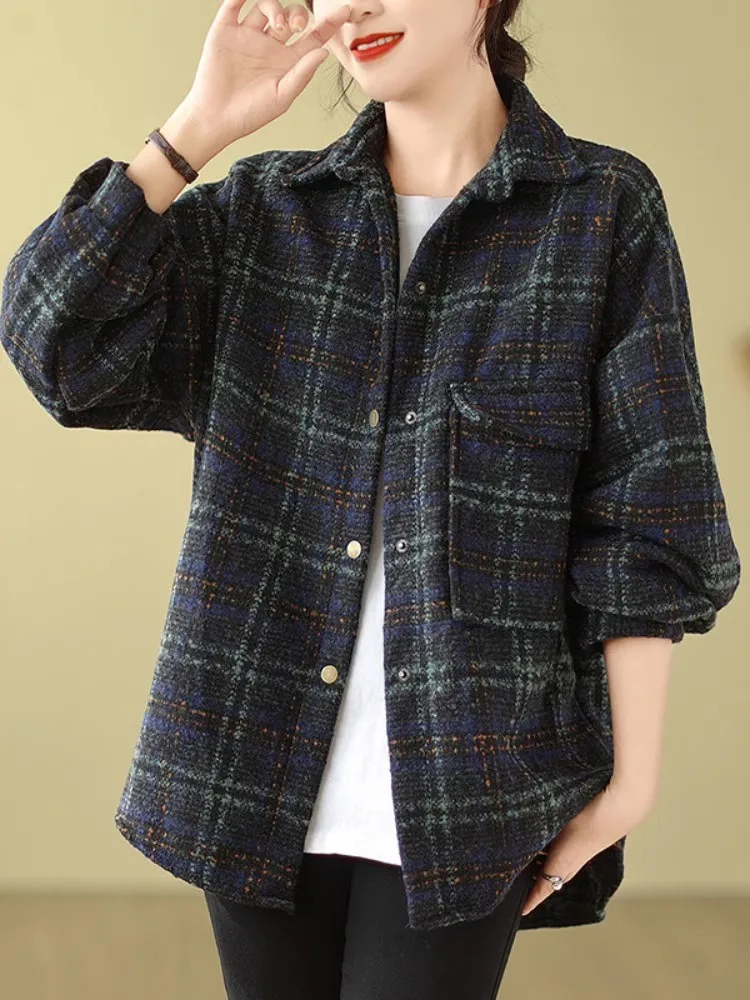 Cozy Woolen Plaid Shirt – Retro Loose Fit Layering Piece