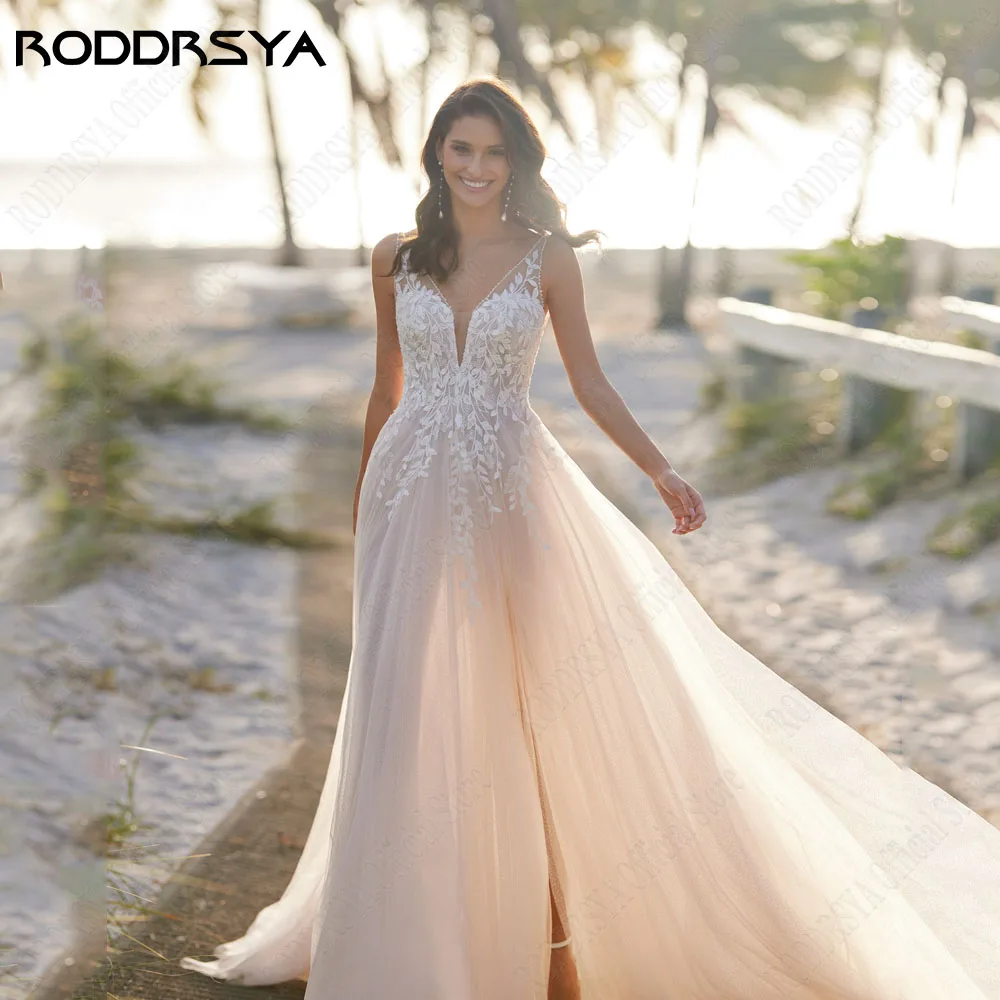 

RODDRSYA Boho Backless A-Line Wedding Dress 2024 Sleeveless Side Split Applique Bridal Gowns V-Neck Tulle vestidos de novia