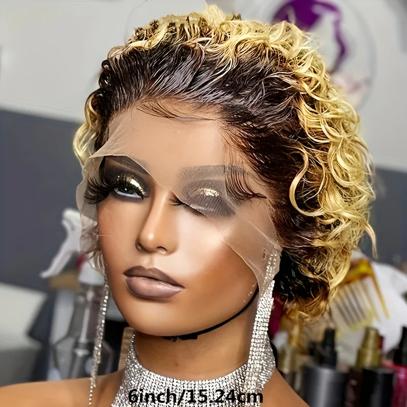 150% density short curly pixie cut remy hair wig 99j/black/1b27/350 color daily use wig for women 13&times;1 lace human hair