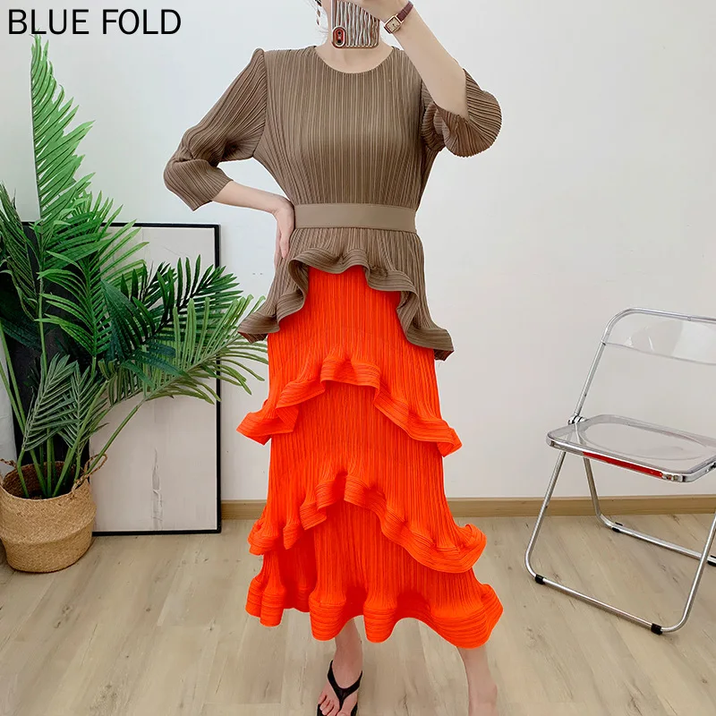 

MIYAKE-Women's Contrasting Color Pleated Cake Dress, Mid-length, Slim Pleats, Women's Clothing, New Design, Autumn Fashion