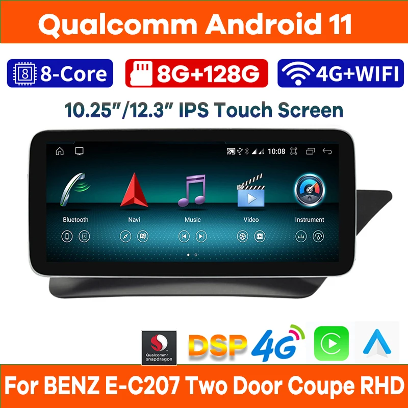 

10.25"/12.3" Qualcomm Android 11 Car Video Player GPS for Mercedes Benz E Class C207 W207 A207 Two Door Coupe RHD CarPlay 4G BT