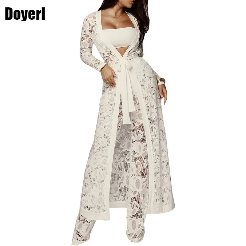 Conjunto de 3 piezas encaje para cárdigan largo + Top corto + Pantalones de encaje blanco, conjunto de tres piezas, otoño 2022 - AliExpress Ropa de mujer