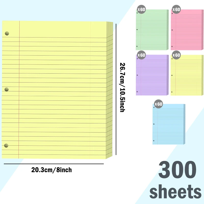 3-Hole Loose-Leaf Paper, Colorful Office 3-Ring Binder Filling Paper, Horizontal Line Inner Pages Suitable for School and Office, Size 8x10.5inch, Five Colors - 2