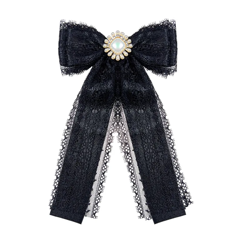

Korean Fabric Big Bow Tie Pearl Crystal Lace Bowknot Brooches for Women British Style Shirt Necktie Fashion Jewelry Accessories