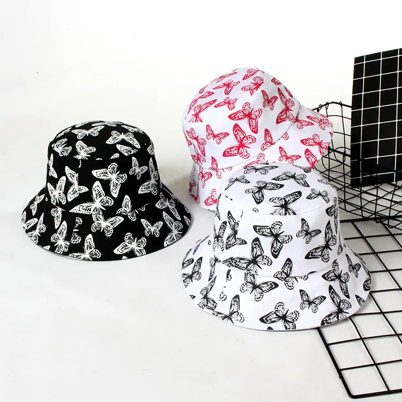 

Butterfly Print Bucket Hat 100% Cotton Girls Boys Black Sunshade Hat Protection Panama Caps for Women Men Animal Sun Hat Bob Hat