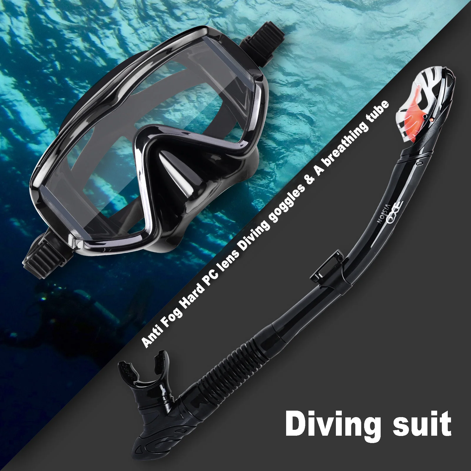Dry Snorkel Set, Pano 3 Window Snorkel Mask, Anti-Fog Scuba Diving Goggle and Snorkel, Adult Snorkeling Swim Mask with  PC  Lens 3