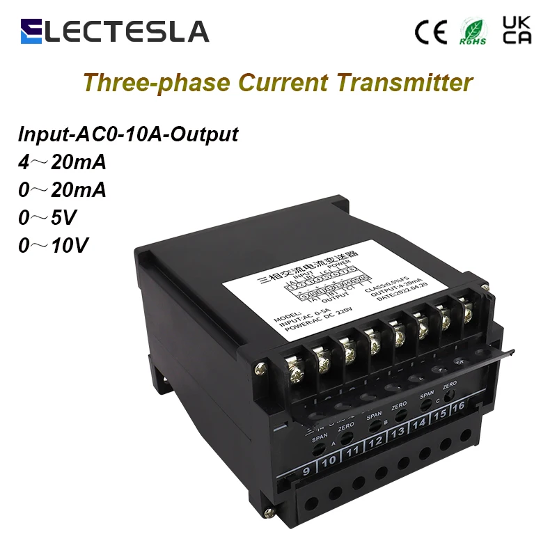 

Three-phase AC current transmitter 4-20mA Analog Signal Converter Current Transmitter Input AC 10A Output 0-5V DC24V 85-265V