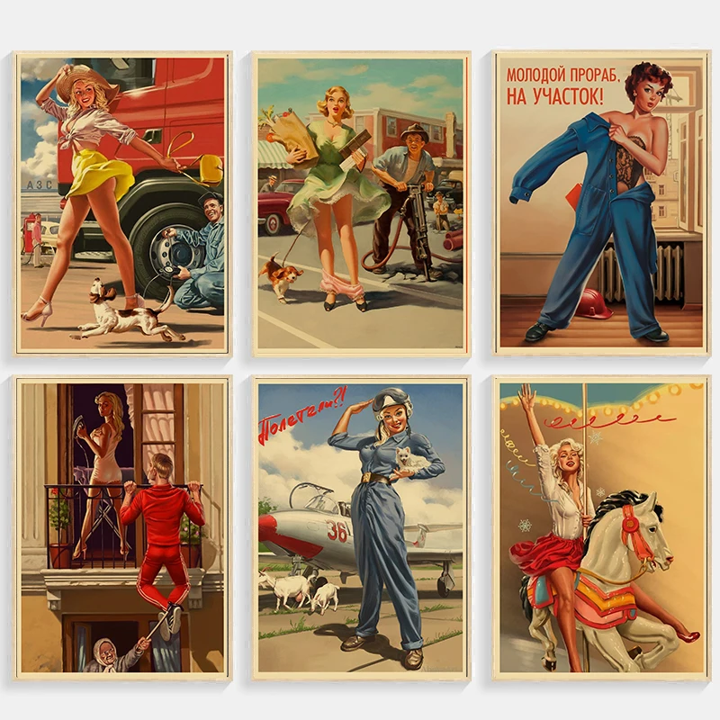 Vintage Soviet Era Pin-Up Girls Propaganda Poster Wall Art Decoration