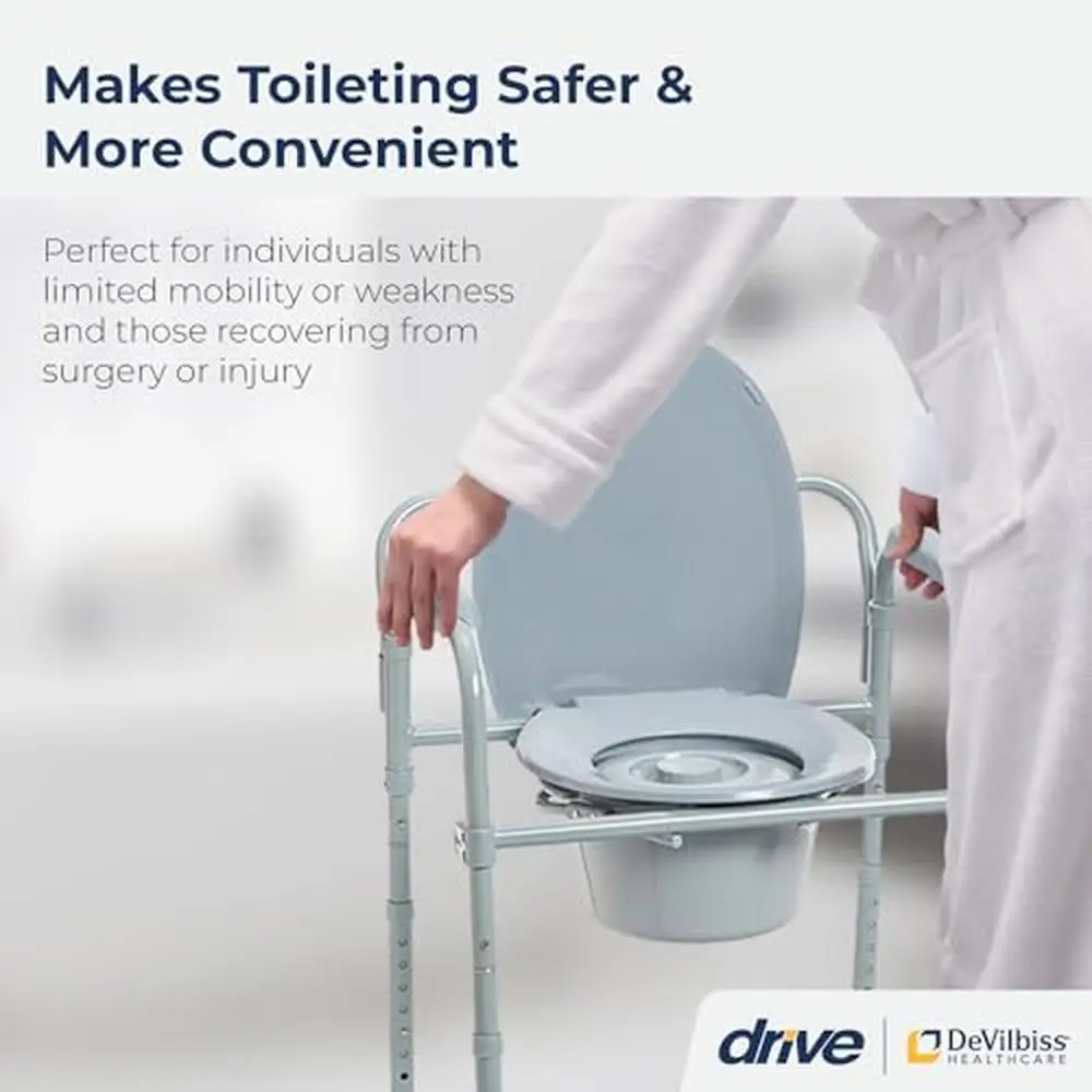 Portable Folding Bedside Commode Chair 350lb Capacity 3-in-1 Toilet Safety Frame Bucket Included Easy Assemble Steel Grey 2