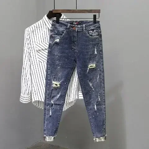 thumbnail image 1 of Pantalones vaqueros rotos y recortados para hombre con agujeros, pantalones vaqueros masculinos rotos y cónicos, de diseñador, sueltos, regulares, estilo vintage Y2k, 1 of 5