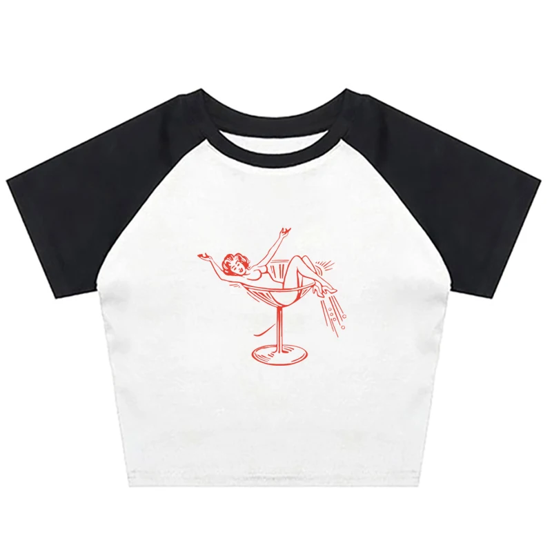 

Y2k T-shirt Harajuku Cute Wine Cup Print Aesthetic Top Retro Kawaii Punk Short Sleeve Hip Hop T-shirt Street Dress EMO Girl