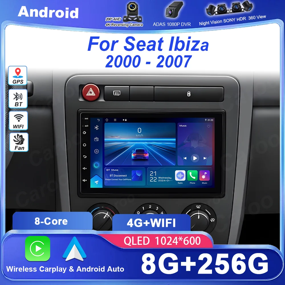 Radio de coche Android 16 de 7 pulgadas para Seat Ibiza 2000 - 2007, Carplay inalámbrico, unidad principal con Google Maps, cámara trasera, sin DVD 2 DIN, 4G, DSP, BT 1