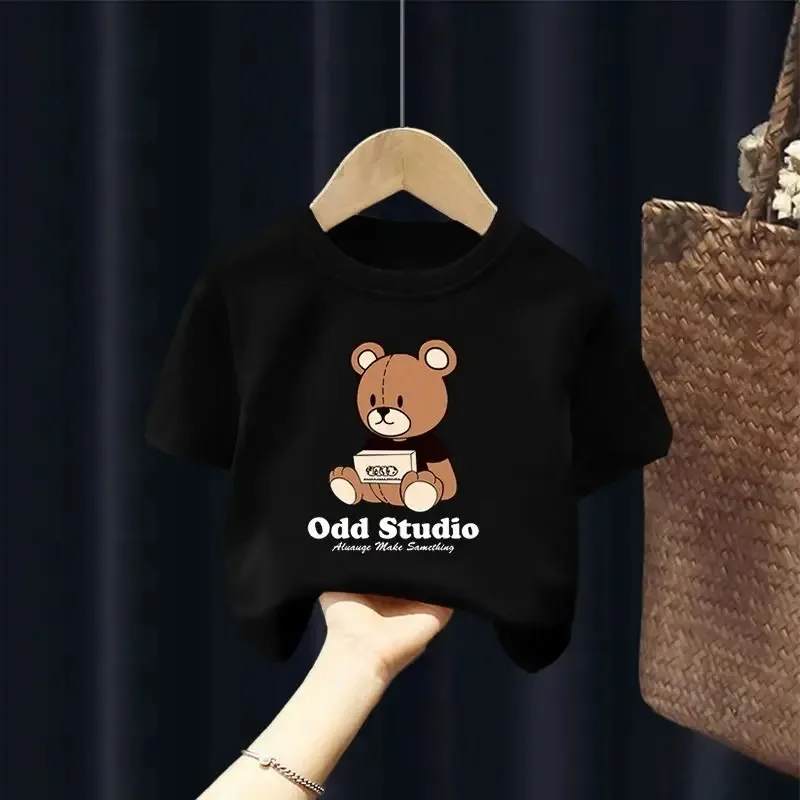 귀여운 곰 프린트 반팔 티셔츠, 트렌디 100% 코튼 티셔츠, 소년 소녀, 3T-14T 탑
