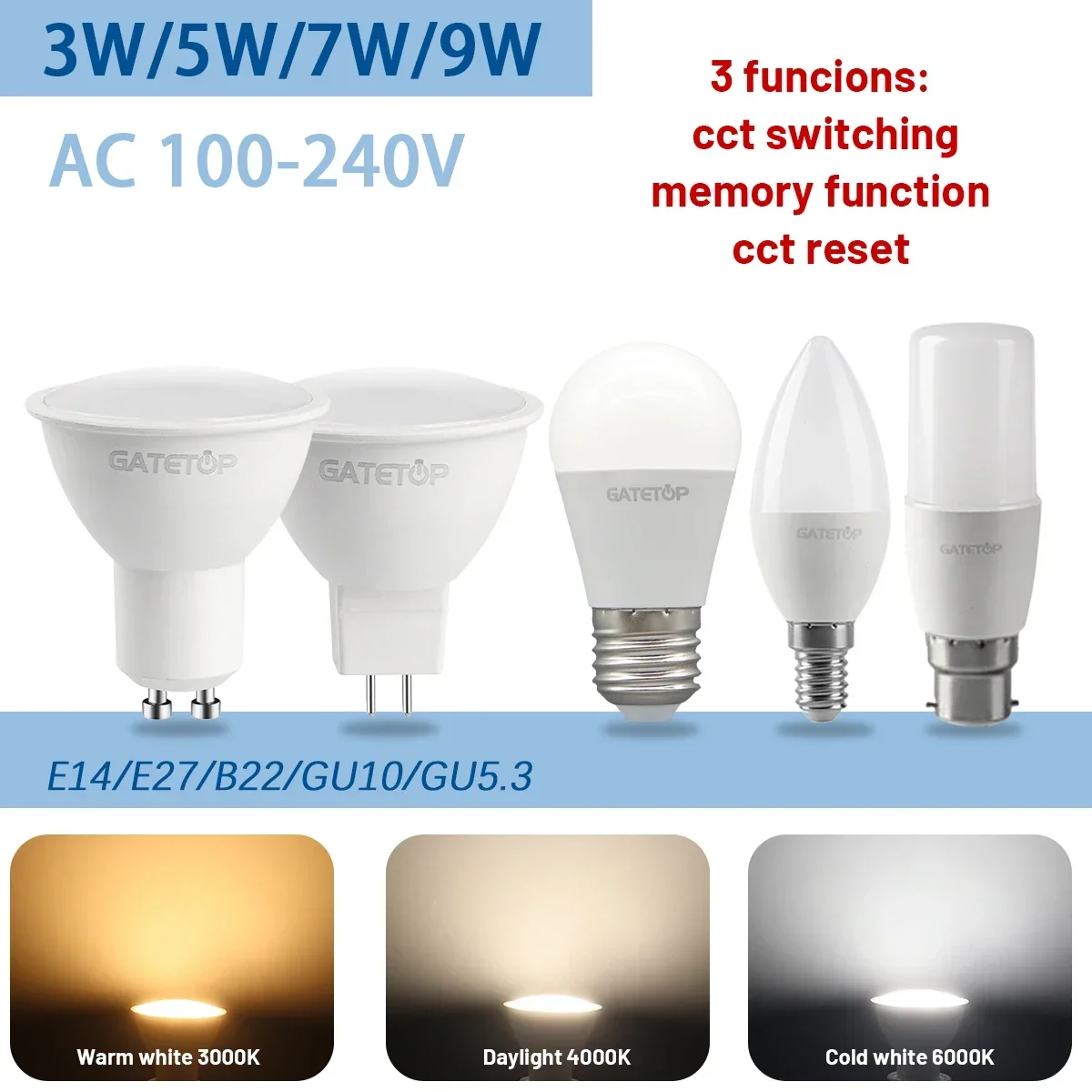 5pcs LED light Bulb Spot Light GU10 Wall switch CCT 3000K 4000K 6000K E27 B22 GU5.3 Base AC110V 220V Memory Function Color