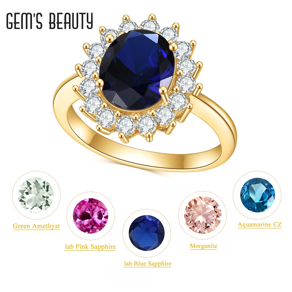 Gem Beauty Princess Diana Inspired Statement Anello Di Fidanzamento Anello In Argento Sterling Riempito D'Oro 14K Lab Blue Sapphire Birthstone