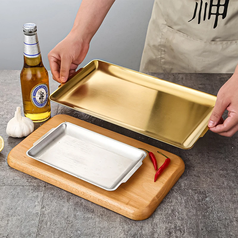304 Stainless Steel Plate Rectangular Plate Golden Tray Craft Decoration Steak Barbecue Snack Tray Kitchen Accessories rectangular stainless steel tray