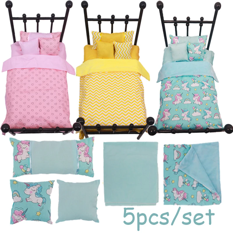 

5Pcs/Set Doll Furniture=3 Pillows+1 Quilt Cover+1 Bed Sheet For 18 Inch American&43 CM Reborn Baby Doll Girl`Toy Bed Accessories