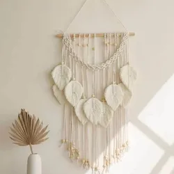 Handmade Boho Macrame Leaf Tassel Wall Art with Wooden Beads - 40 - 60CM (WHITE)