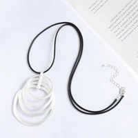 Amorcome Elegant Multi Circle Charm Black Leather Big Pendant Long Chain Necklace Fashion Women Party Sweater Chains Jewelry