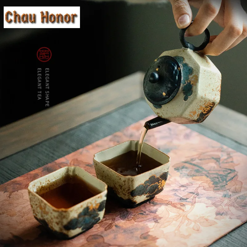 125ML Blue And White Flint Red Teapot Vintage Gold Drawing Auspicious Cloud Octagon Pot Tea Making Kettle Tea Ceremony Ornaments