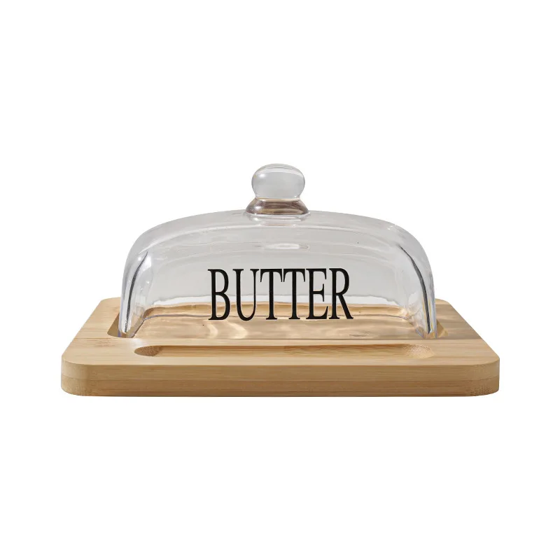 Wood Butter Dish With Glass Lid And Knife