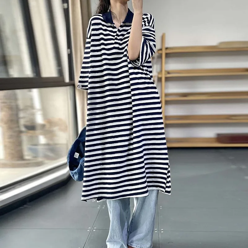 

Summer Arts Style Women Short Sleeve Loose T-shirt All-matched Casual Cotton Stripe Turn-down Collar Long Tee Shirt Femme C810