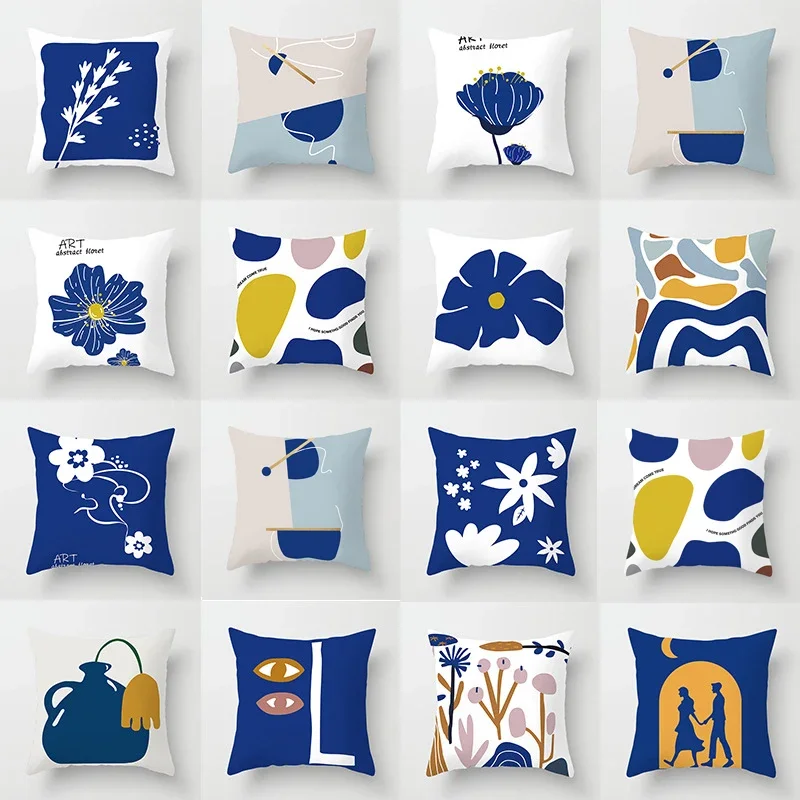 

45x45cm Nordic Blue White Abstract Art Line Drawings Cushion Cover GeometricThrow Pillowcase Office Sofa Decorative Pillows Case