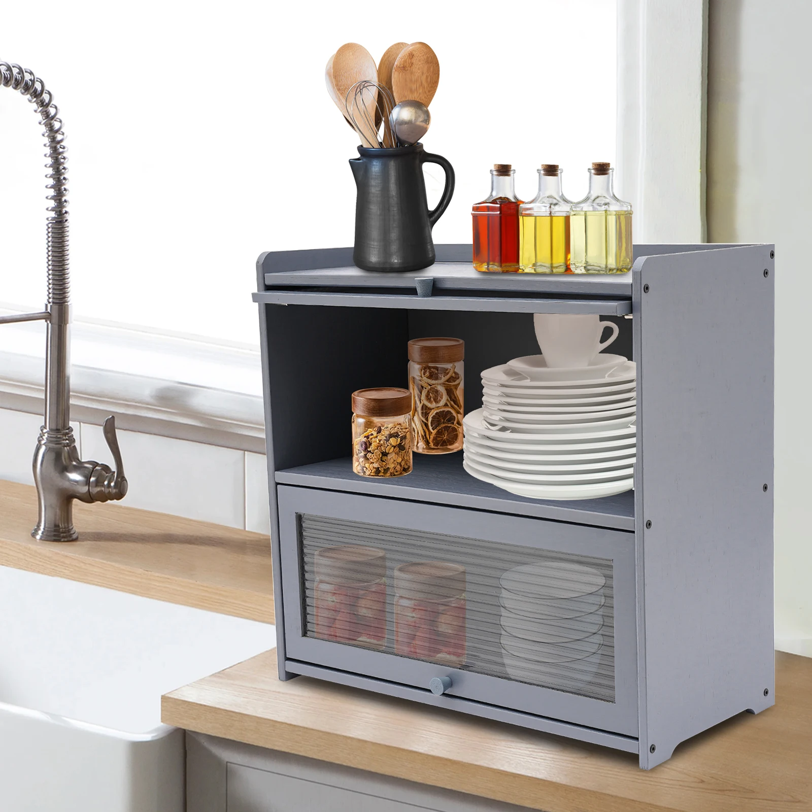 CNCEST Countertop Counter Small Bamboo Kitchen Sideboard Cabinets Storage Locker Freestanding Countertop Lockers