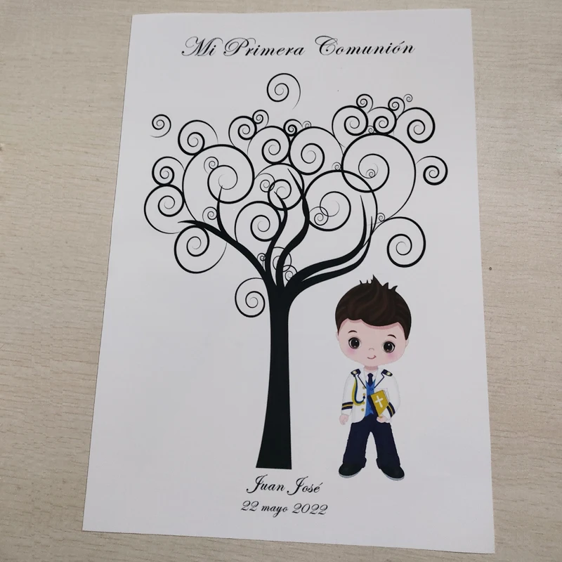 Name Date Spanish Mi Primera Comuni&oacute;n Fingerprint DIY Tree Painting for Kids First Communion Party Souvenir first communion fingerprint tree