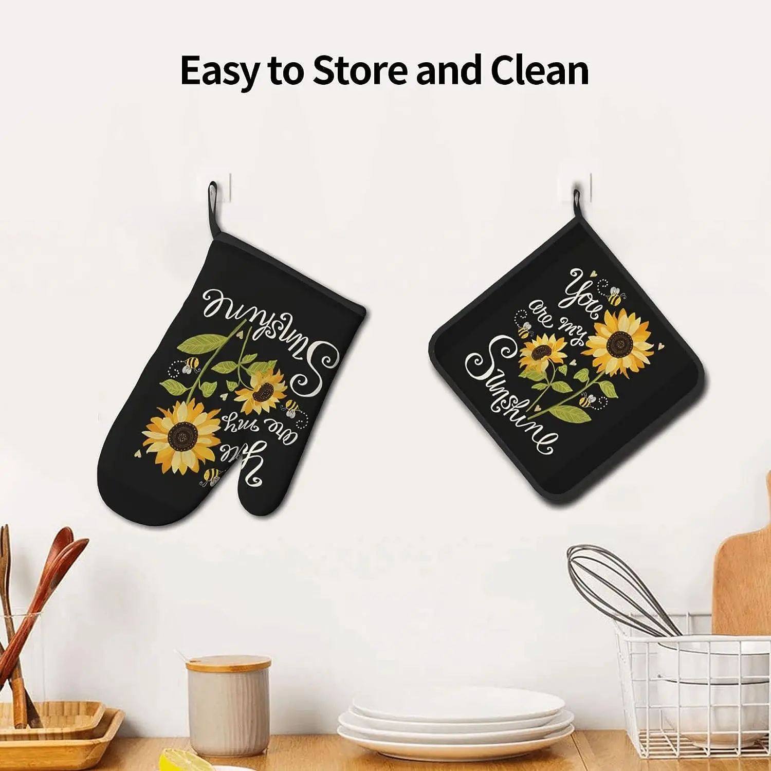 You are My Sunshine Sunflower Oven Mitts and Pot Holders Sets of 2 Heat Resistant Kitchen Microwave Gloves Non-Slip Pot Pads