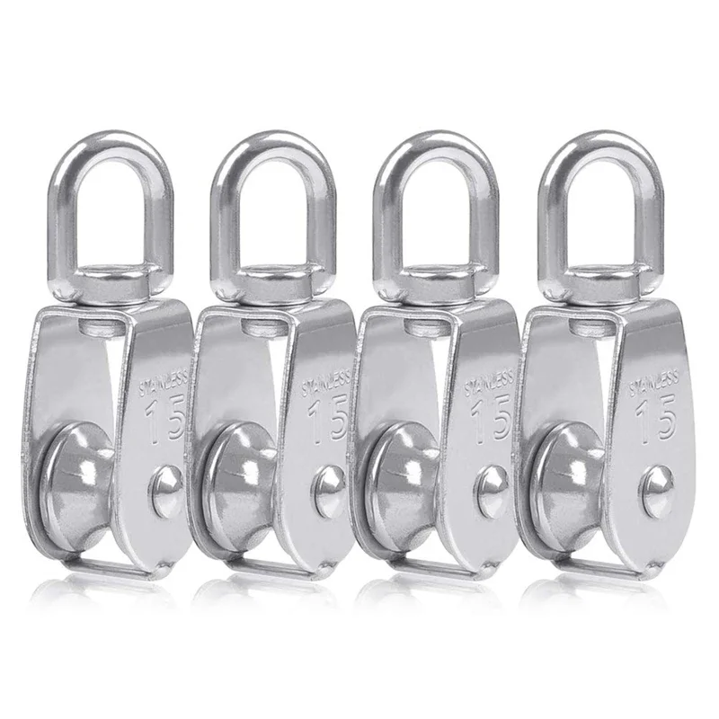4PCS Single Pulley Block M15 Stainless Steel Small Pulley Roller For Rope Cord in Outdoor 360 Degrees Swivel Silver Pulley House