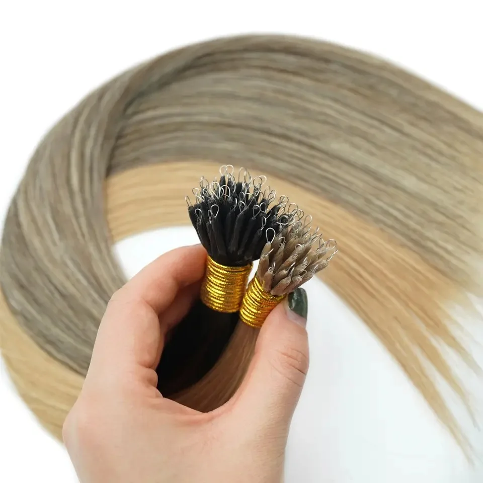 100 Ciocche di Extension per Capelli con Anelli Nano e Micro Links, Biondo Naturale, Cheratina in Capsule, Capelli Umani Remy Lisci con Micro Perline - immagine 3