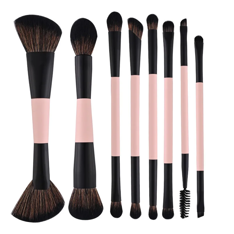 Set di pennelli per trucco a doppia estremità da 8 pezzi, pennelli cosmetici multifunzionali per fondotinta, fard, contorno e polvere, kit di strumenti di bellezza da viaggio - immagine 5