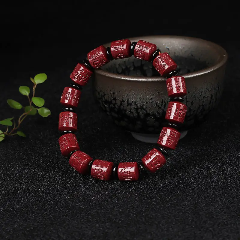 

Natural Cinnabar Emperor Sand Six-character Mantra and Round Bead Bracelet for Men and Women Fashion Joker Bracelet.