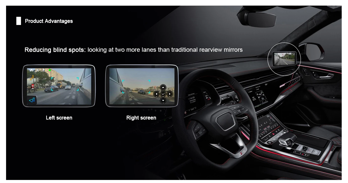 شاشة مرآة جانبية رقمية نظام كاميرا الرؤية الخلفية الجانبية Pro مع كاميرا 1080P 60FPS DVR AI BSD إنذار 5.5 بوصة IPS تعمل باللمس